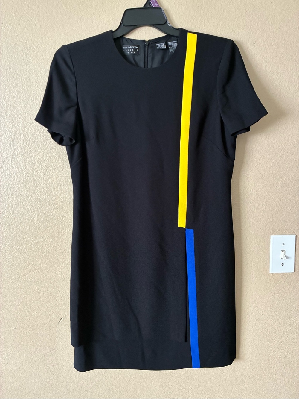 Liz Claiborne Black Short Sleeve Shift Dress with Yellow & Blue Stripe
